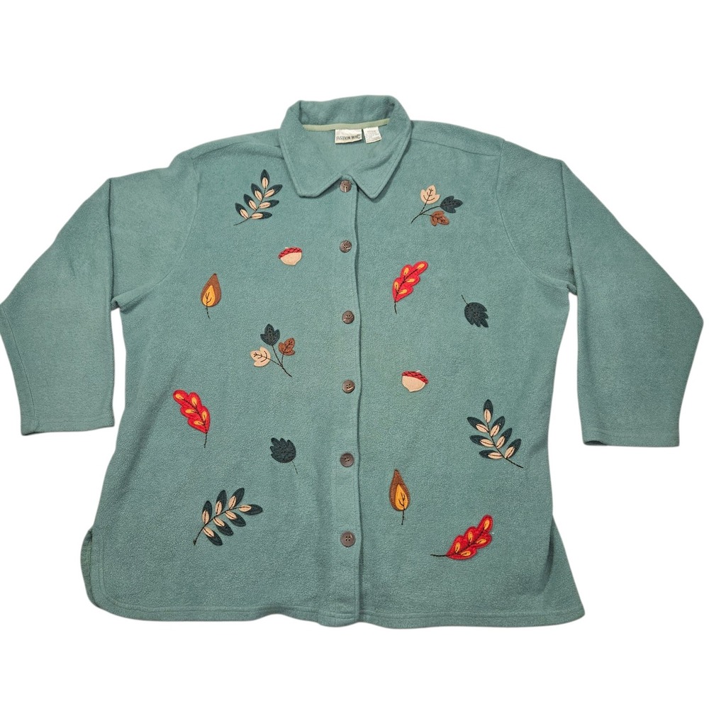 Fashion Bug VTG 90s Fleece Button Up Jacket Leaves Acorns Green Sz 30/32W